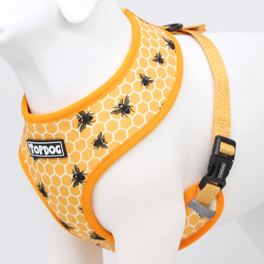 TopDog Bee Kind Reversible dog harness, bees on orange and white beehive pattern background