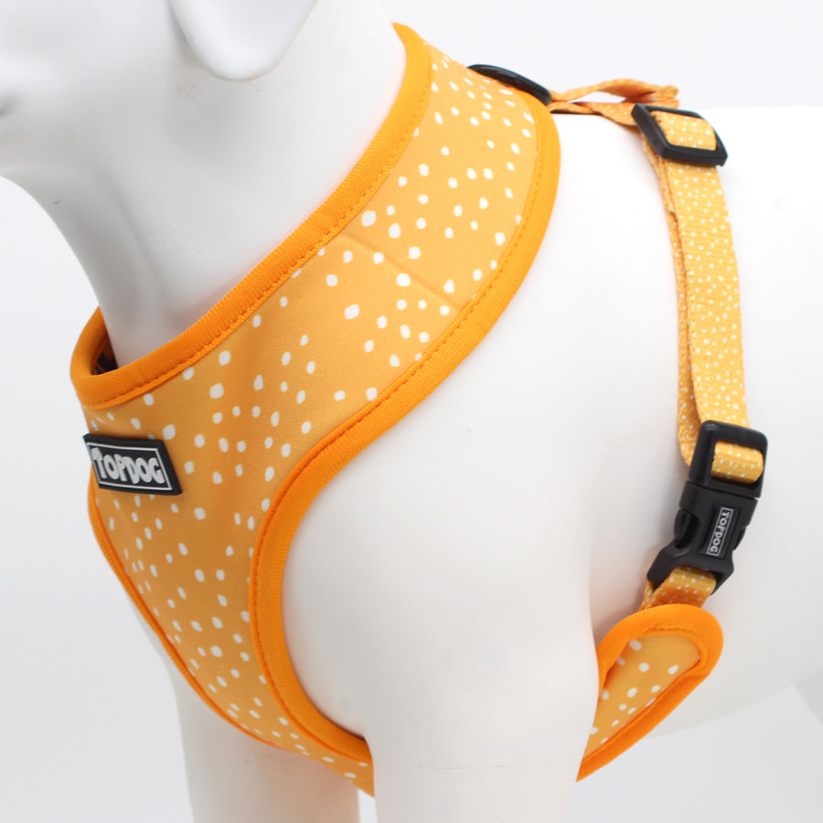 TopDog Bee Kind Reversible dog harness, white dots on orange background