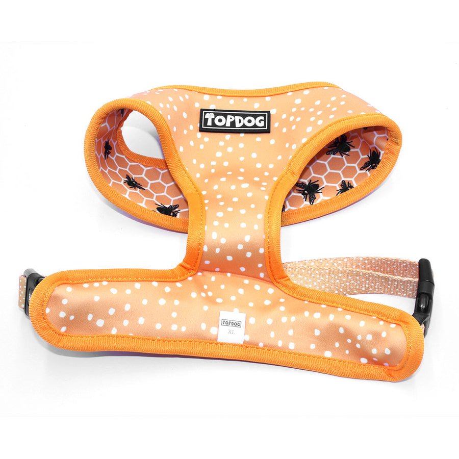 TopDog Bee Kind Reversible dog harness, white dots on orange background