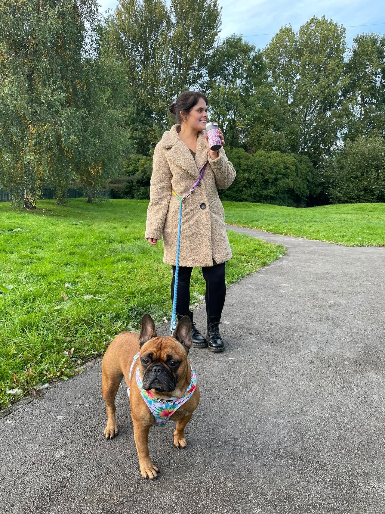 French Bulldog and owner wearing a TopDog Harnesses Dual Rope Lead in the park 
