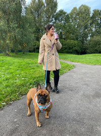 Thumbnail for French Bulldog and owner wearing a TopDog Harnesses Dual Rope Lead in the park 